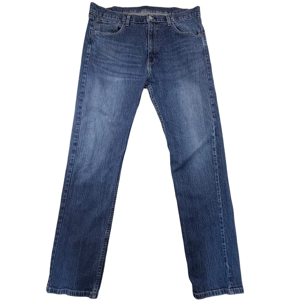 Levi's 505 Jeans Mens 38x34 Regular Fit Straight Leg Blue Denim Distressed Hem
